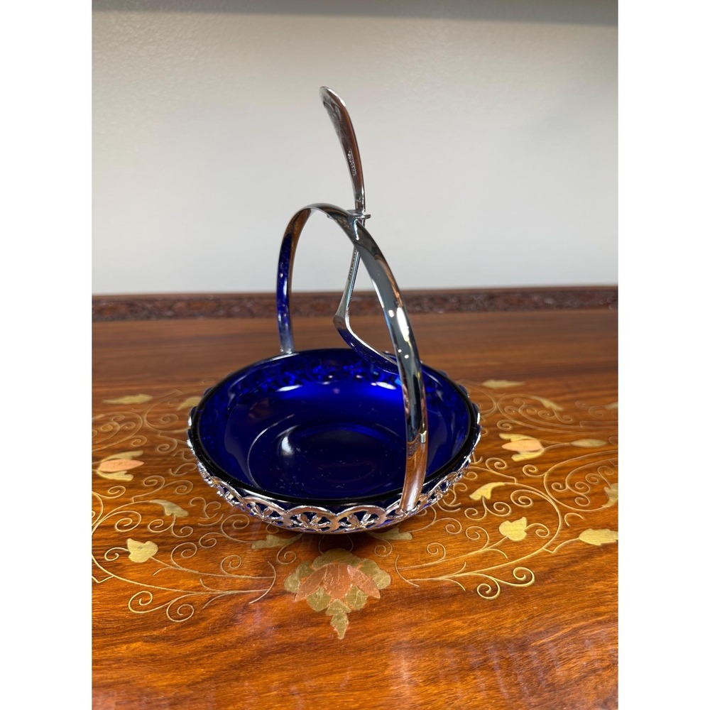 Vintage Cobalt Blue Jam Dish with Silver Plate Holder & Spoon - Picture 9 of 17